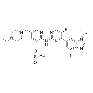 CAS:1231930-82-7  abemaciclib (LY2835219)	N-[5-[(4-乙基-1-哌嗪基)甲基]-2-吡啶基]-5-氟-4-[4-氟-2-甲基-1-异丙基-1H-苯并咪唑-6-基]-2-嘧啶胺甲烷磺酸盐