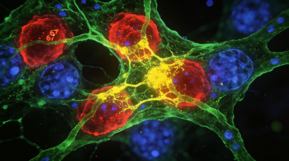 人喉表皮样癌细胞（HEp-2）内Ki-67增殖标志物与α-微管蛋白细胞骨架双色免疫荧光共定位成像